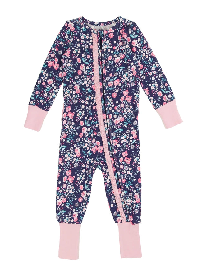 RuffleButts - Softsnooze™ Baby Girls Bamboo Viscose Moonlit Meadow Convertible Ruffle One Piece Footie Pajama