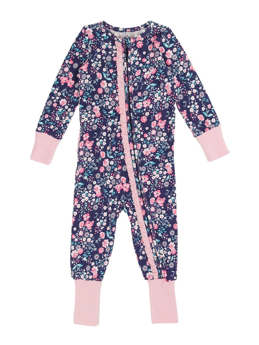 RuffleButts - Softsnooze™ Baby Girls Bamboo Viscose Moonlit Meadow Convertible Ruffle One Piece Footie Pajama