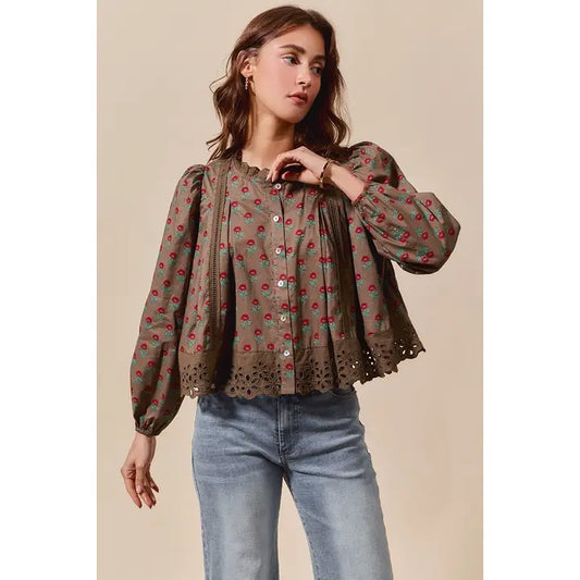 Floral Long Sleeve Lace Trim Button Down Top