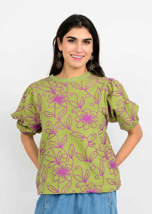Floral Vines Knit Top Green