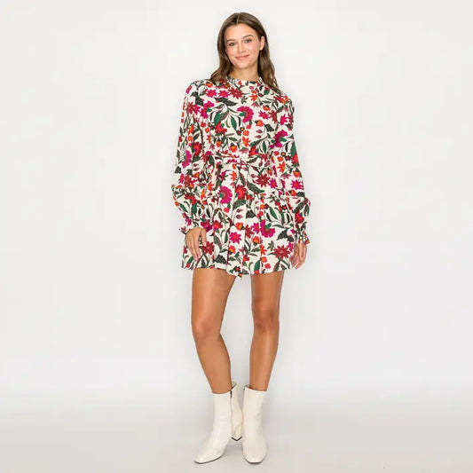 Jacobean Print Cotton Mini Dress