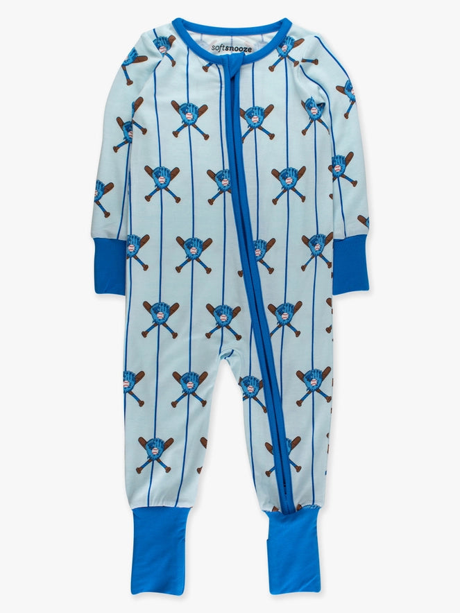 RuggedButts - Softsnooze™ Baby Bamboo Viscose Blue Batter Up Baseball Convertible One Piece Footie Pajama