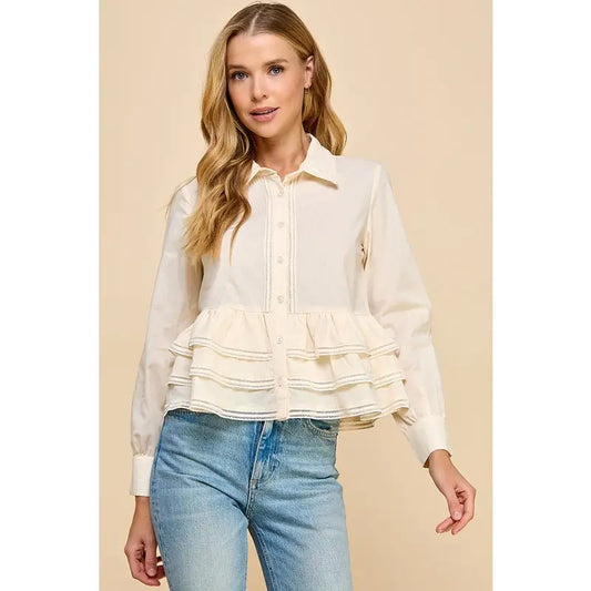 Button Up Long Sleeve Peplum Waist Top