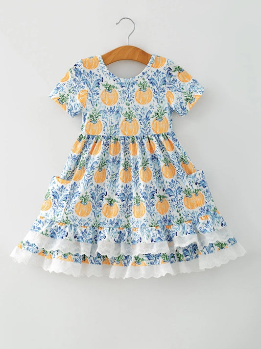 Rylee Faith Designs - Fall Girls Pumpkin Patch Dress Lace Trim with Pockets