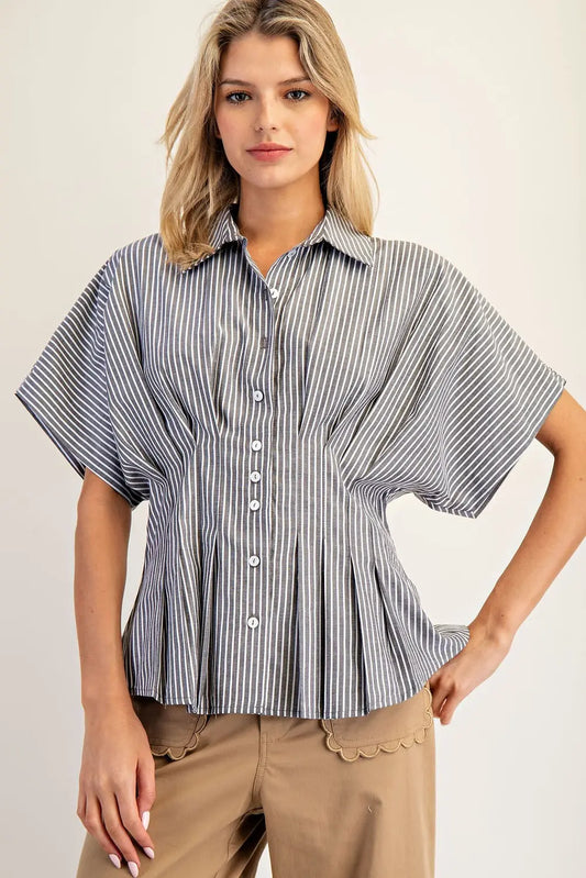Striped Button Down Pleated Short Sleeve Blouse