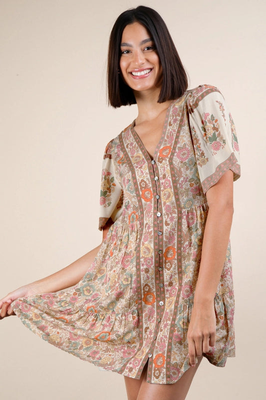 Shirring Detail Printed Woven Mini Dress