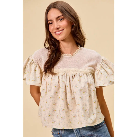Floral Cotton Woven Print Ruffled Blouse Top