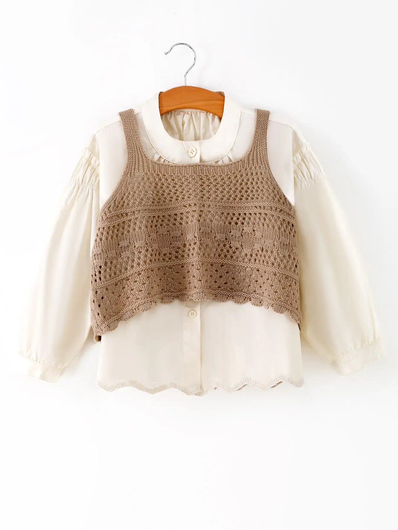 Girls Beige Long Sleeve Shirt with Brown Knitted Vest Set