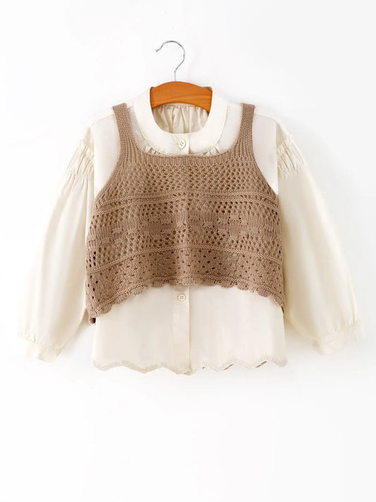 Girls Beige Long Sleeve Shirt with Brown Knitted Vest Set