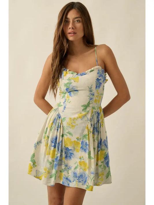 Floral-Print Ruffled Sweetheart Drop-Waist Mini Dress