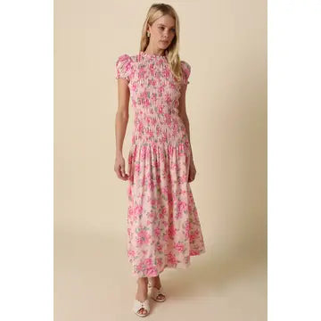 Pink Floral Puff-Sleeve Maxi Dress