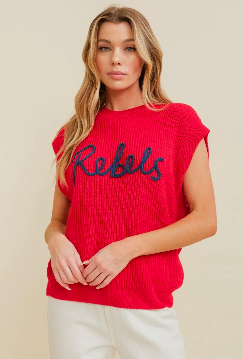 “Rebels” Embroidered Sleeveless Sweater Top