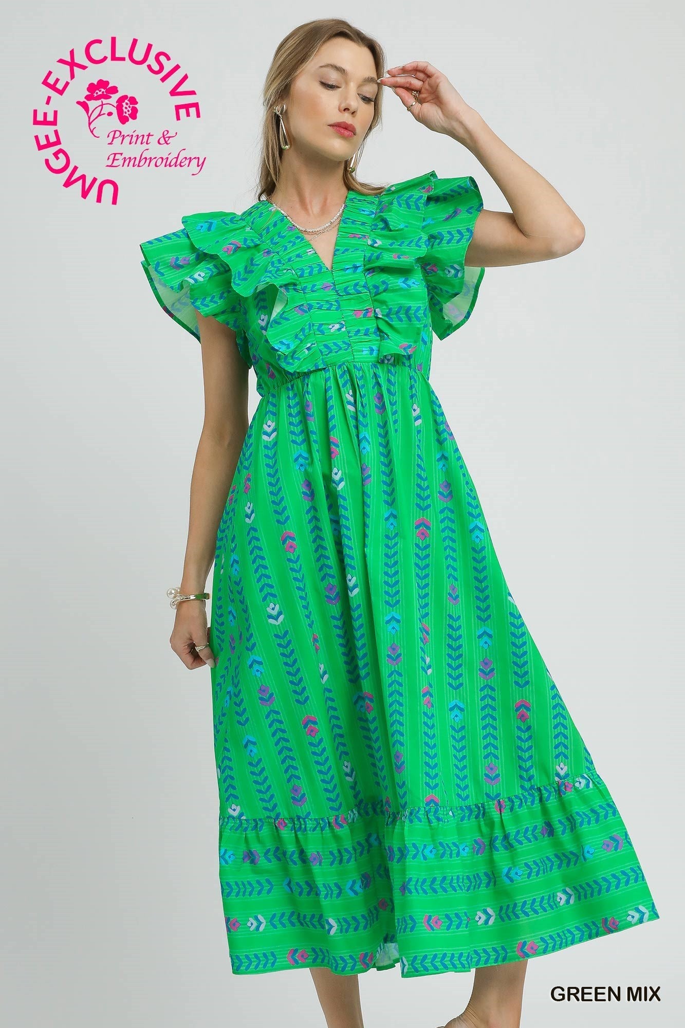 Ruffle Sleeved V-Neck Maxi Dress