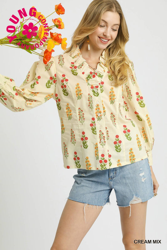 Floral Ruffle Collar Button-Up Blouse