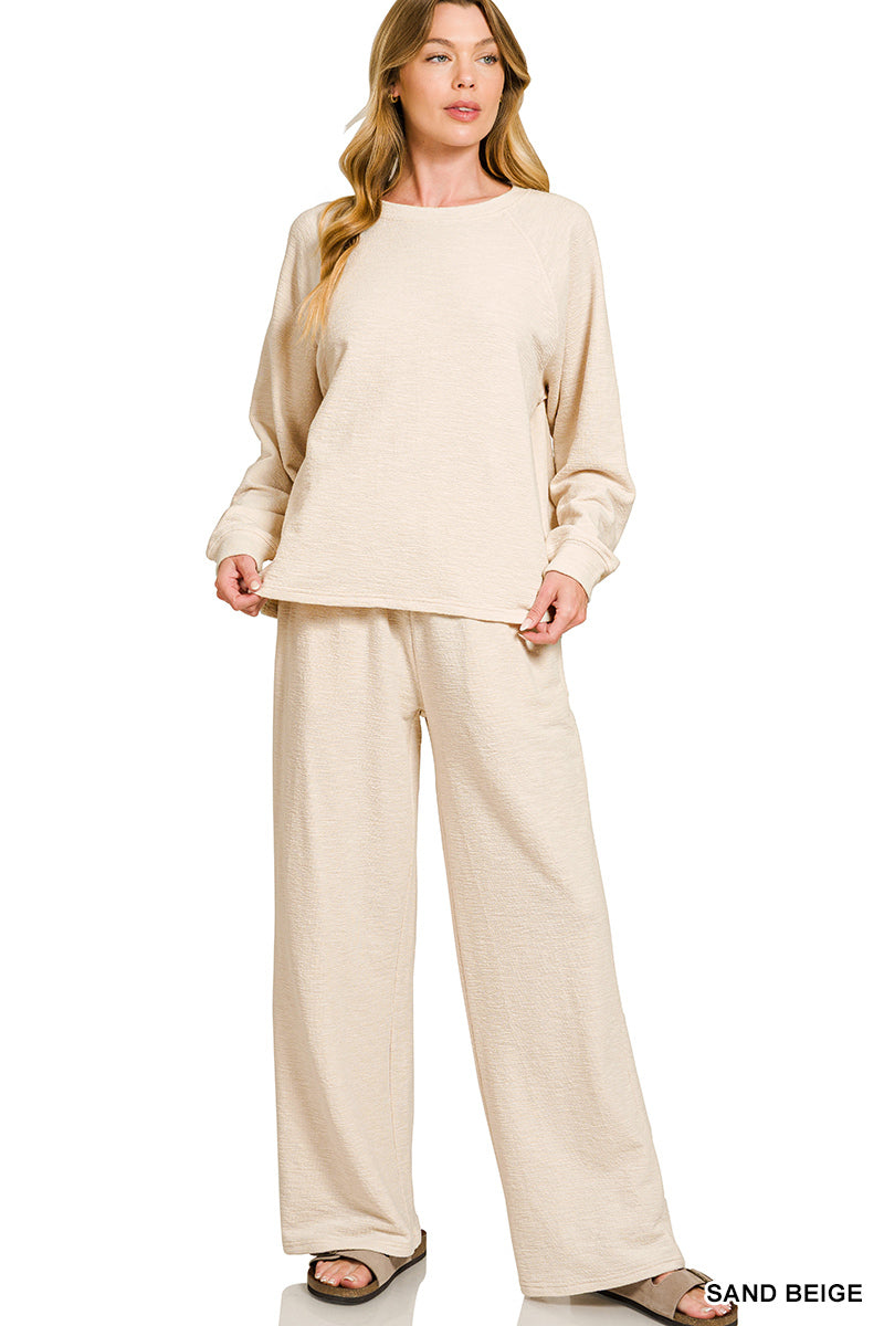 Slub long sleeve top & pants 2pcs set
