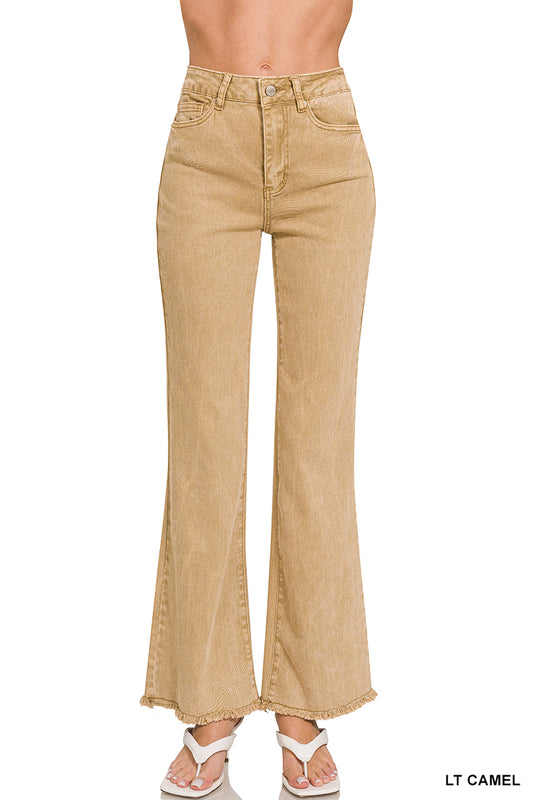 Acid washed frayed cutoff hem straight wide pants DMP-1855A