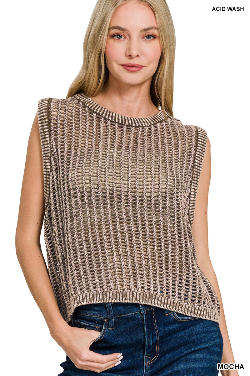 ACID WASHED FISHNET SWEATER VEST