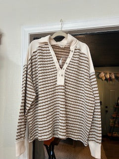 Open Collar with V-Neck Stripe Oversize Textured Knit Top