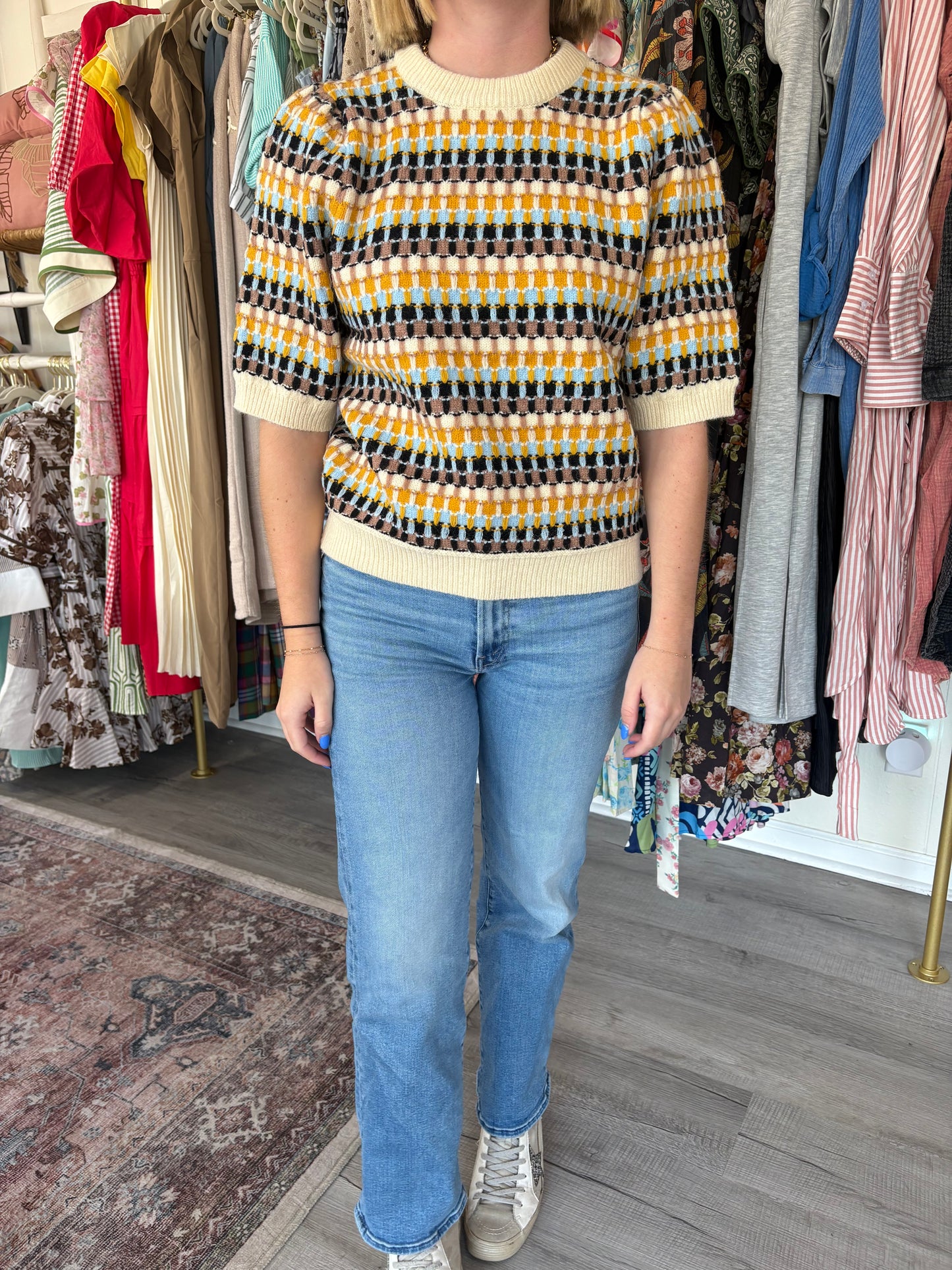 Half Sleeves Multi Color Sweater Top