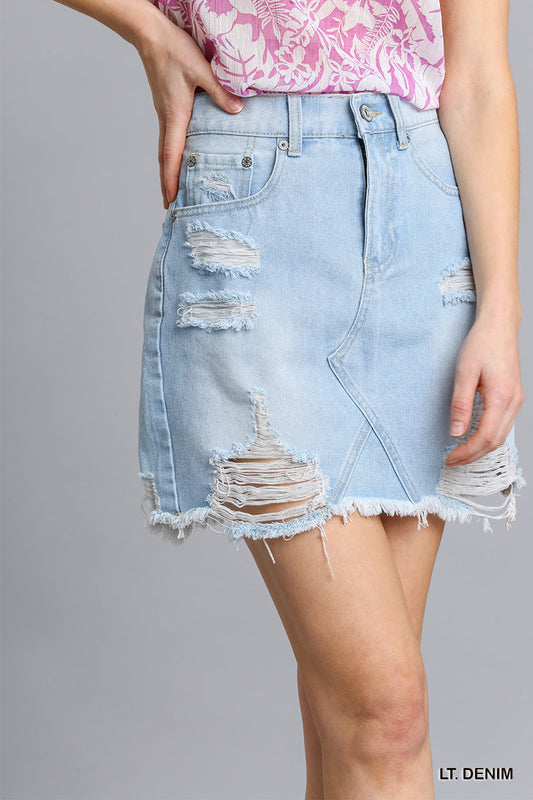 5 Pockets Non-Stretch Distressed Detail Denim Skirt
