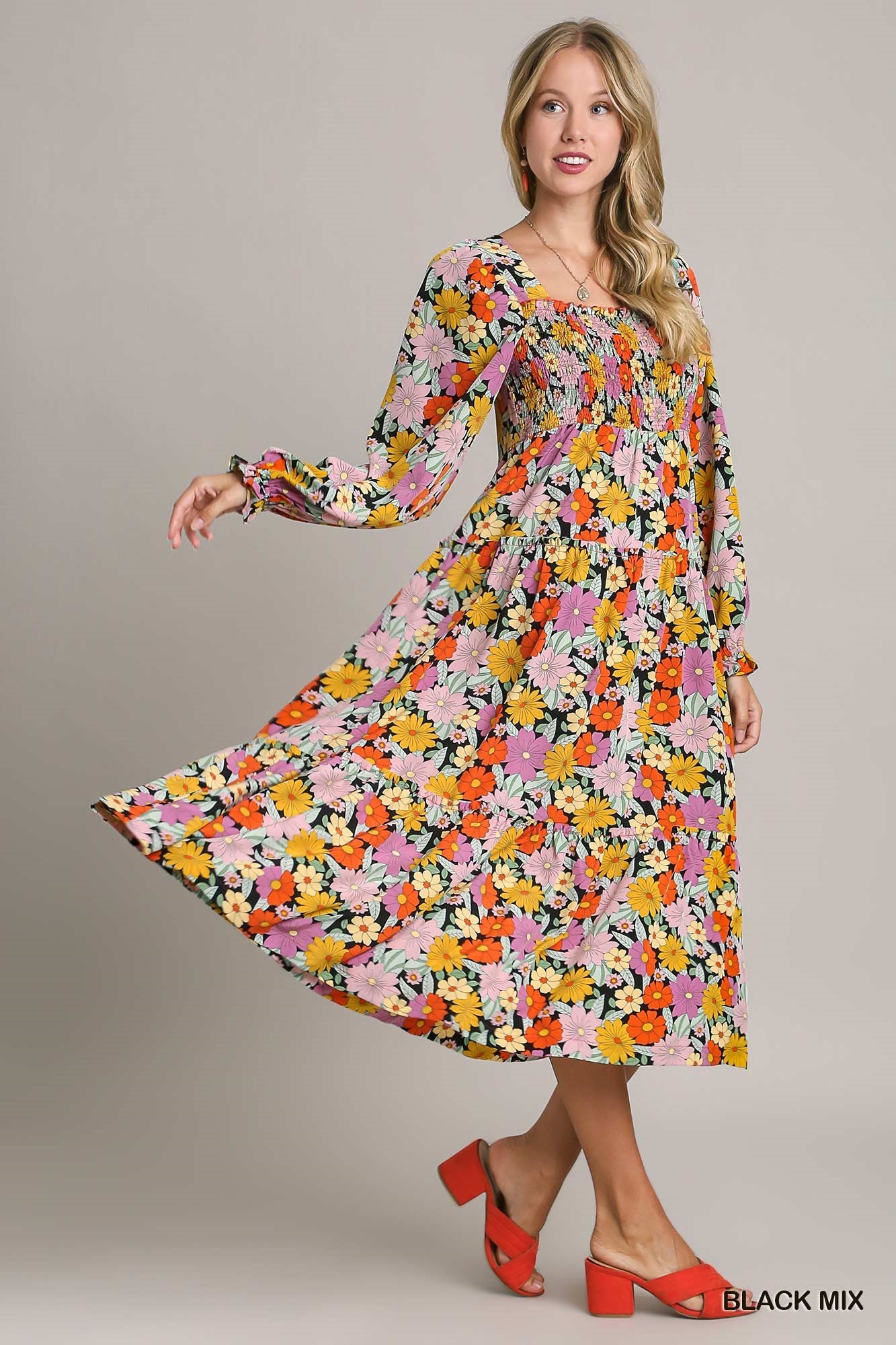 Floral Print Long Sleeve Square Neckline Maxi Dress