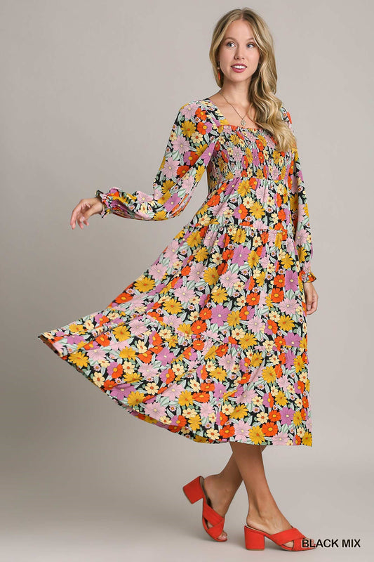 Floral Print Long Sleeve Square Neckline Maxi Dress