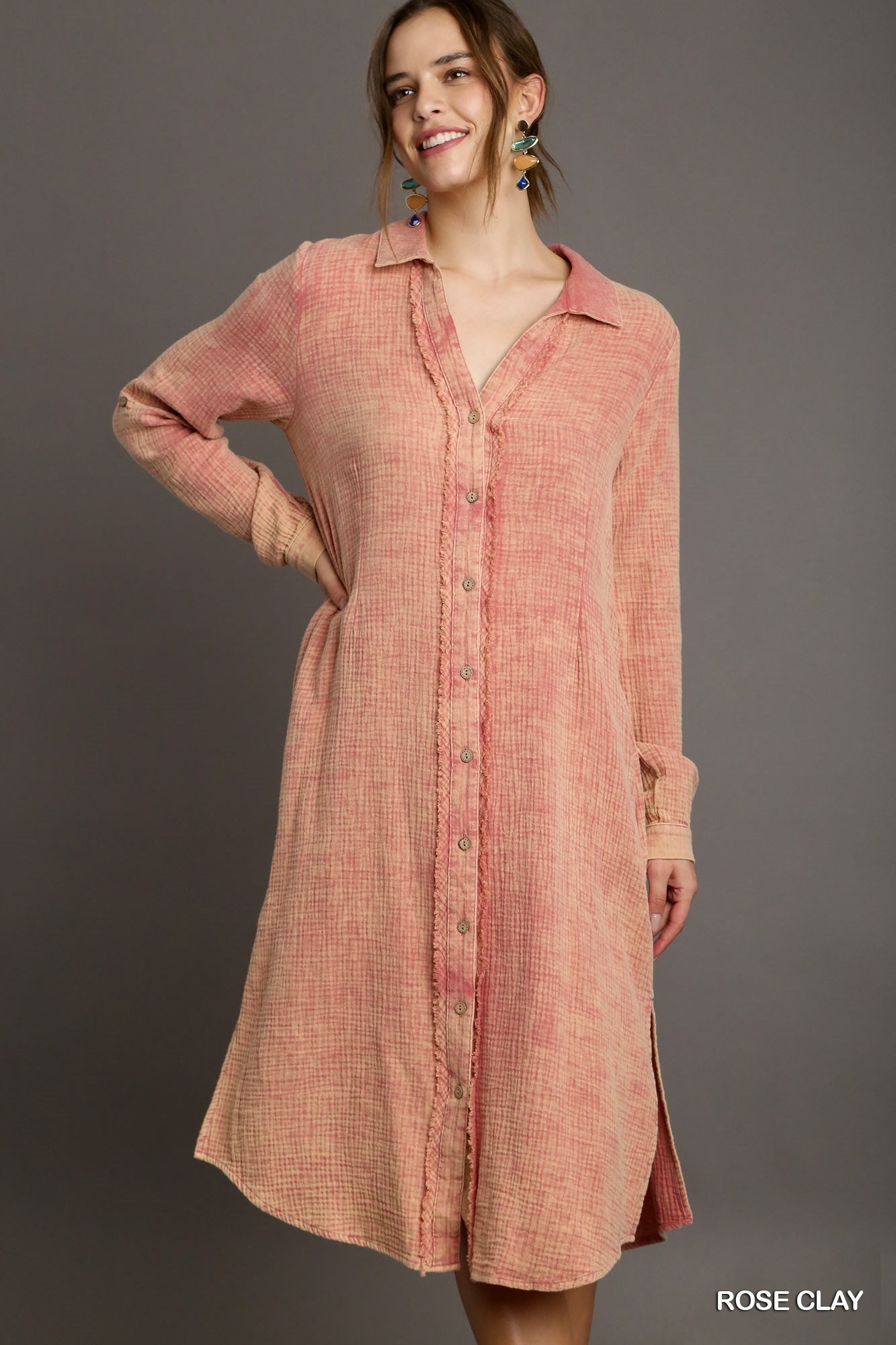 Mineral Wash Button Down Midi Dress Shirt