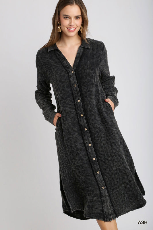 Mineral Wash Button Down Midi Dress Shirt