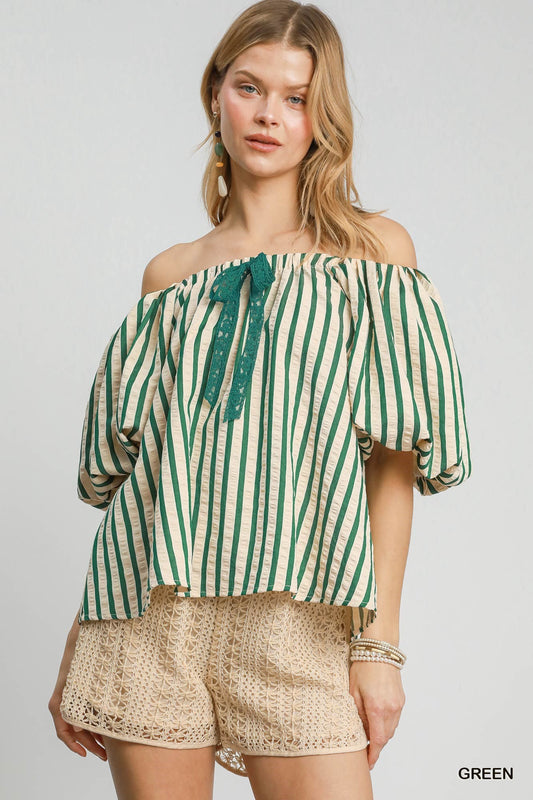 Striped Print Shirred Detailed Top