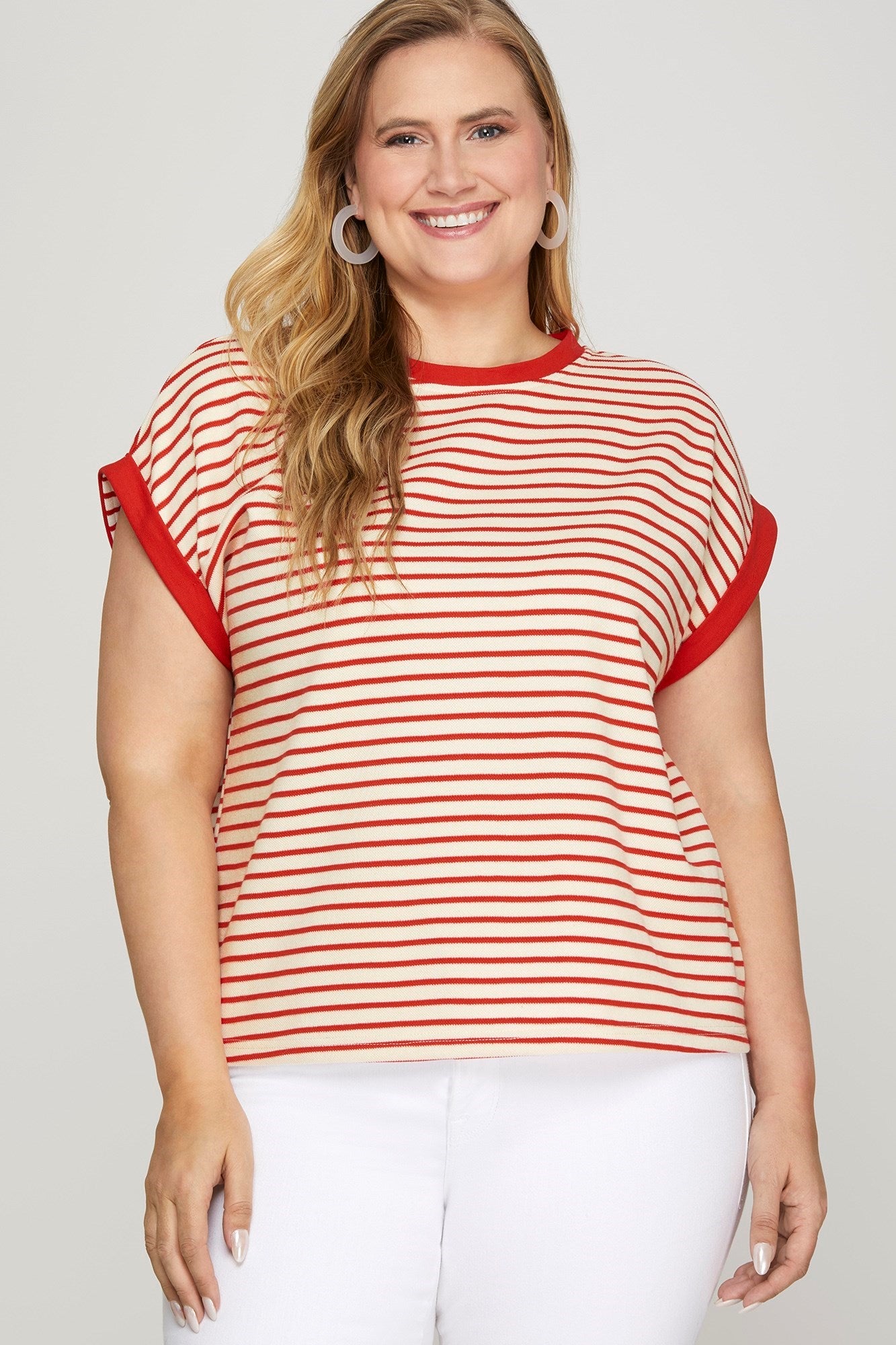 SHORT SLEEVE CONTRAST RIB STRIPED KNIT TOP