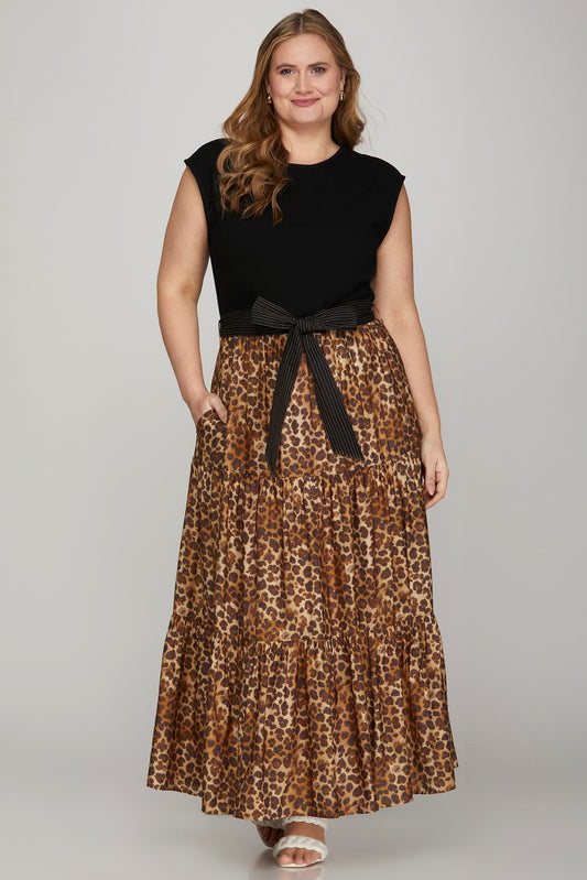 PLUS - DROP SLEEVE KNIT AND WOVEN COMBO ANIMAL PRINT TIERED MIDI DRESS