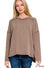 Raised rib raw edge boat neck long sleeve top