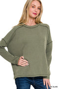 Raised rib raw edge boat neck long sleeve top