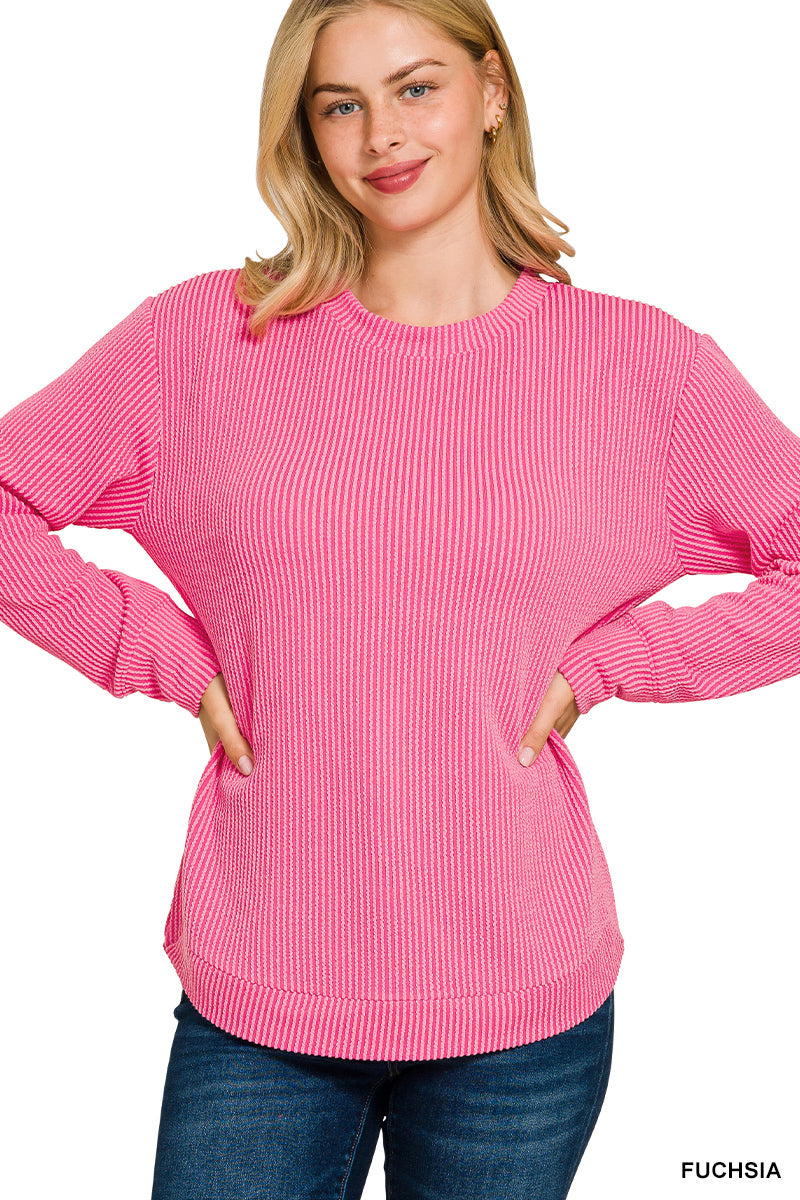 Raised rib round neck long sleeve top