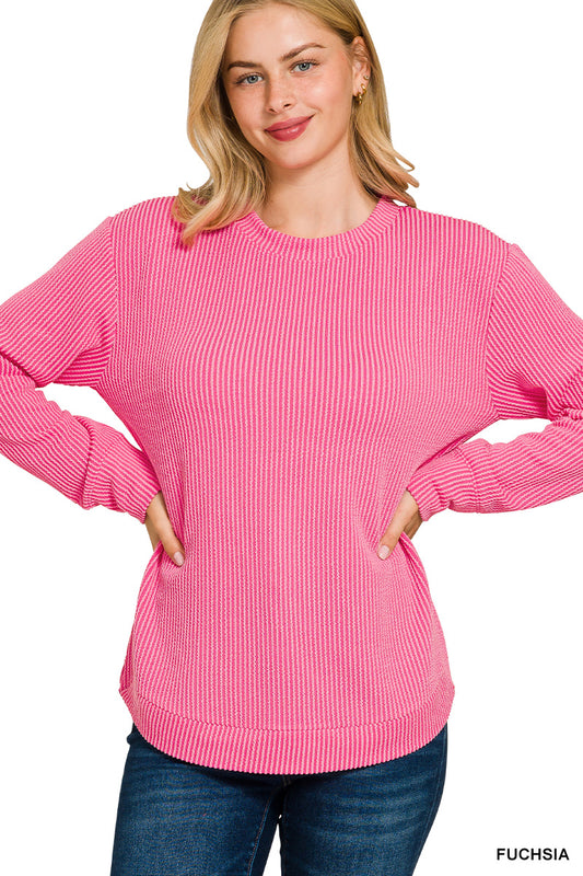 Raised rib round neck long sleeve top