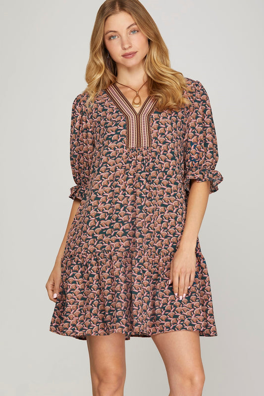 PATCH WOVEN PRINT MINI DRESS WITH POCKETS
