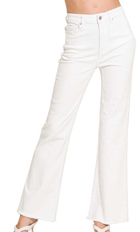 ACID WASHED HIGH WAIST FRAYED HEM BOOTCUT PANTS