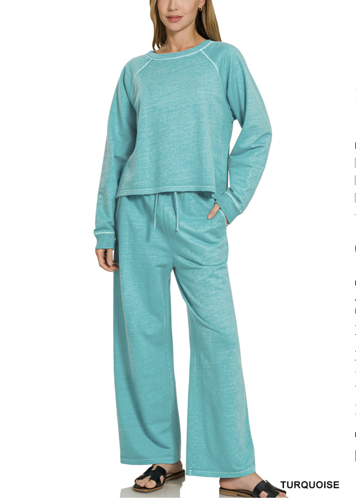 Washed terry round neck pullover & pants set - ZENANA TWPW-5301