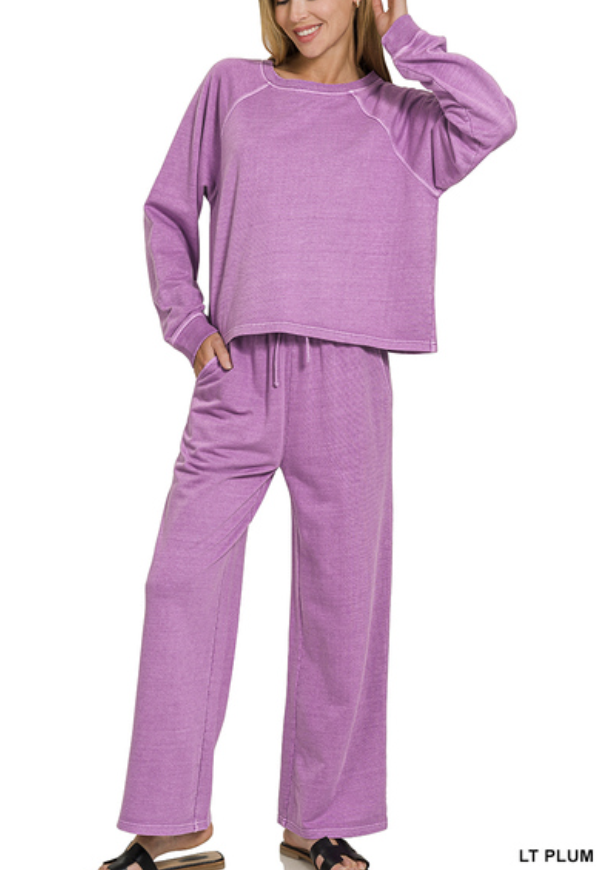 Washed terry round neck pullover & pants set - ZENANA TWPW-5301