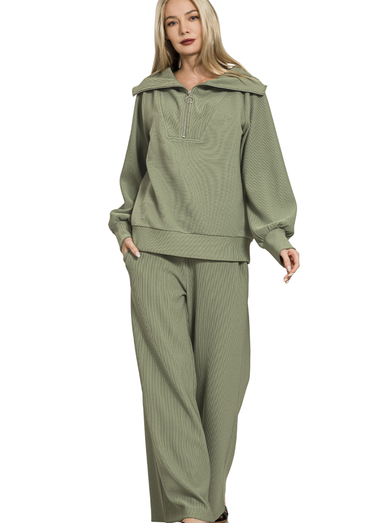 Ribbed high neck half zip pullover & pants set - ZENANA HRTP-2578