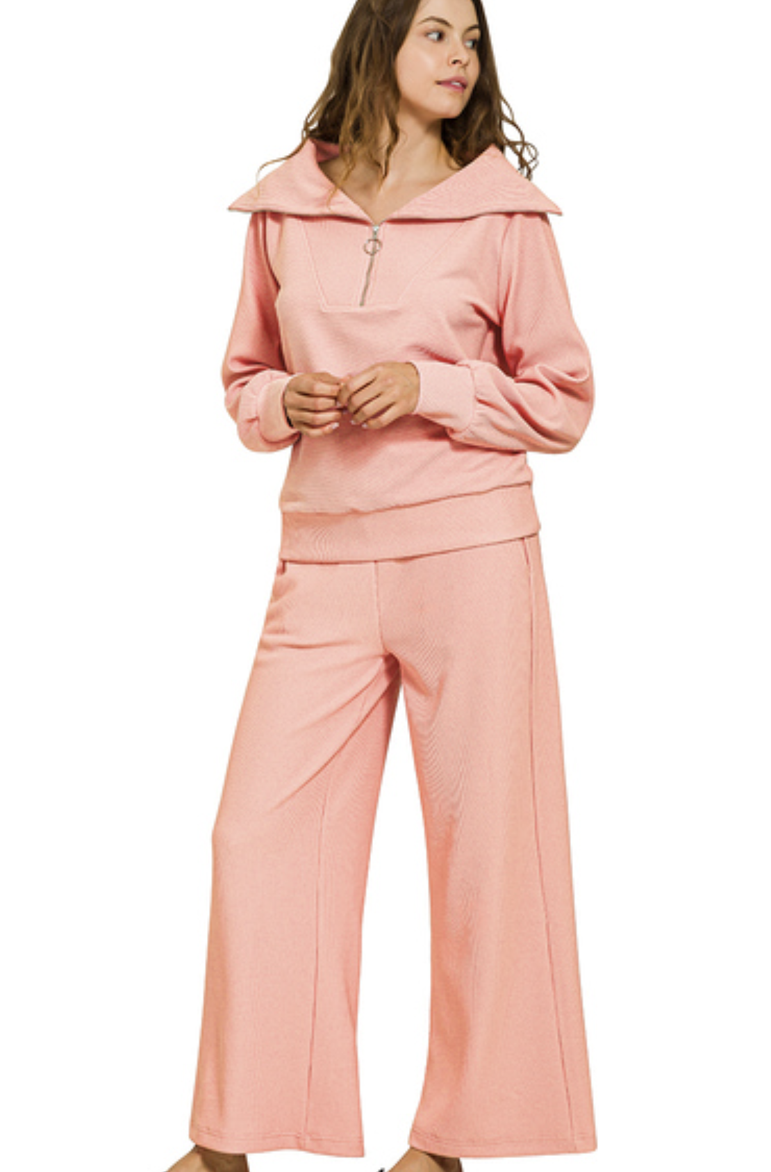 Ribbed high neck half zip pullover & pants set - ZENANA HRTP-2578