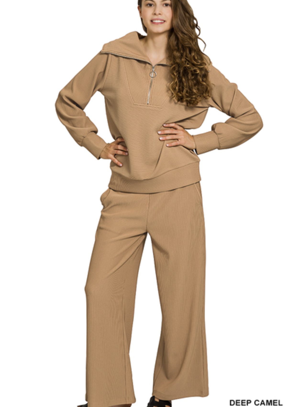 Ribbed high neck half zip pullover & pants set - ZENANA HRTP-2578