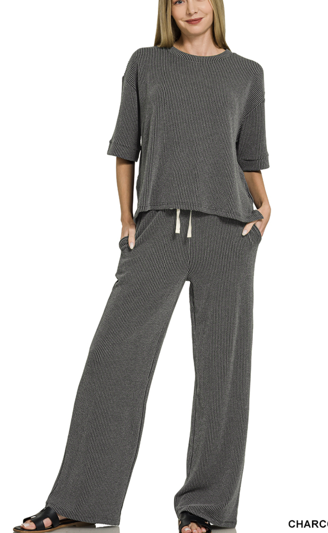 Raised rib short sleeve tee & pants set - ZENANA RTLRPL-8608Y