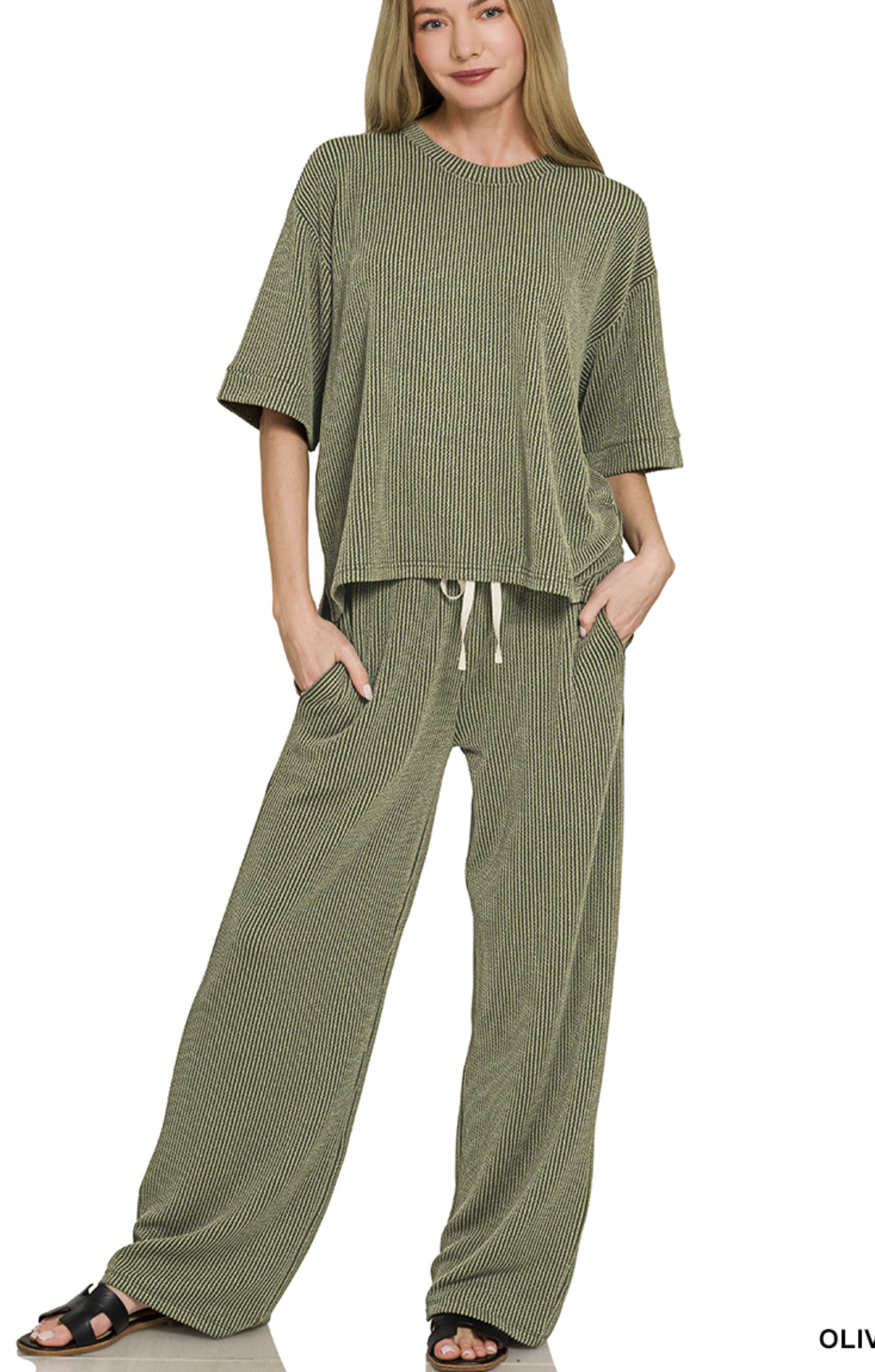 Raised rib short sleeve tee & pants set - ZENANA RTLRPL-8608Y