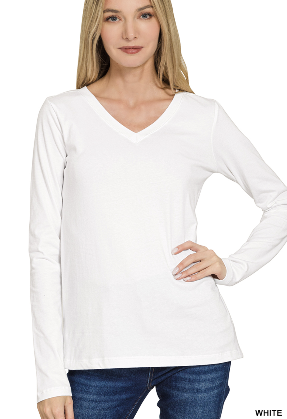 Cotton V-neck long sleeve t-shirt - ZENANA GT-1056M8