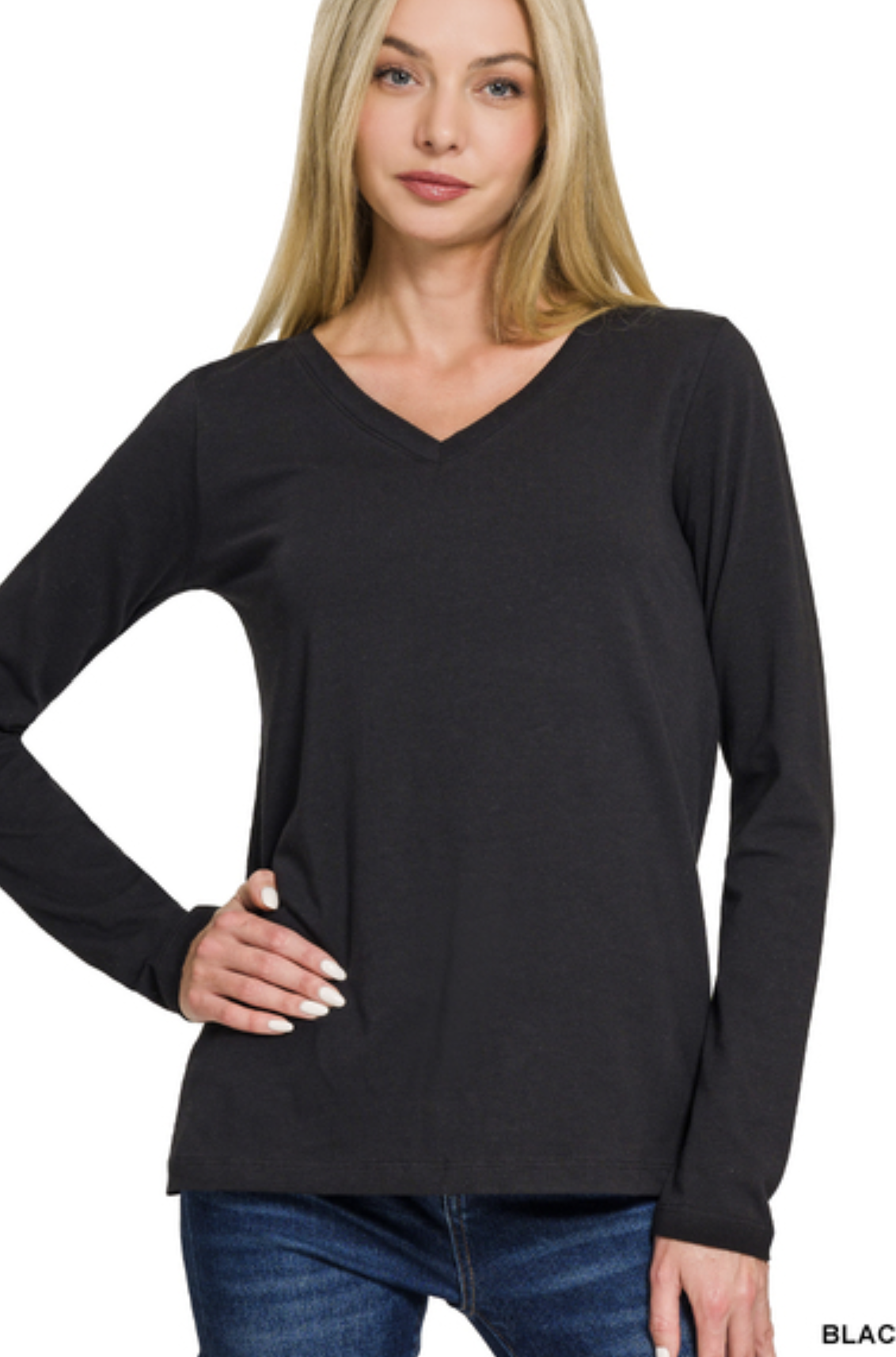 Cotton V-neck long sleeve t-shirt - ZENANA GT-1056M8
