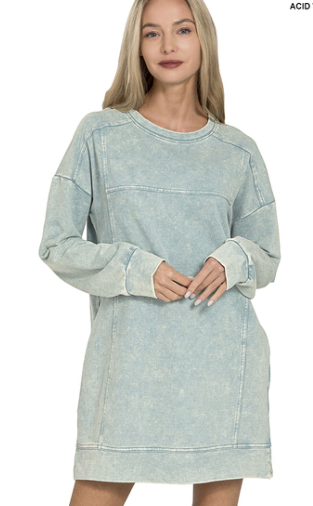 French terry acid washed dress with pockets - ZENANA TDW-5353Y