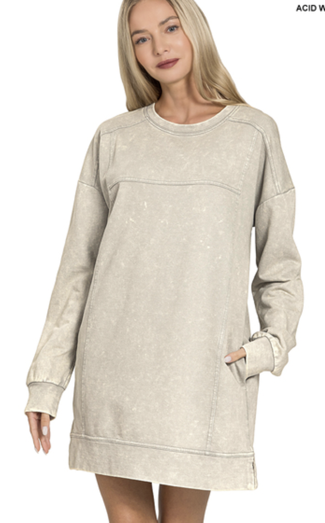 French terry acid washed dress with pockets - ZENANA TDW-5353Y