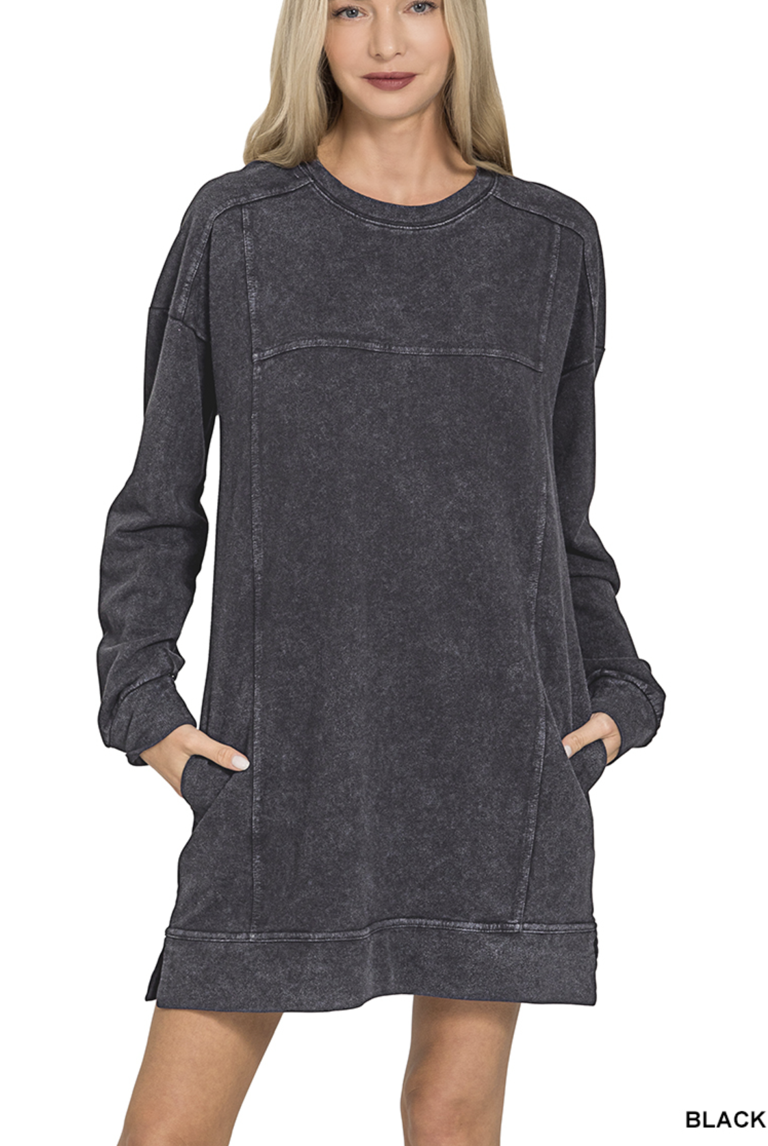 French terry acid washed dress with pockets - ZENANA TDW-5353Y