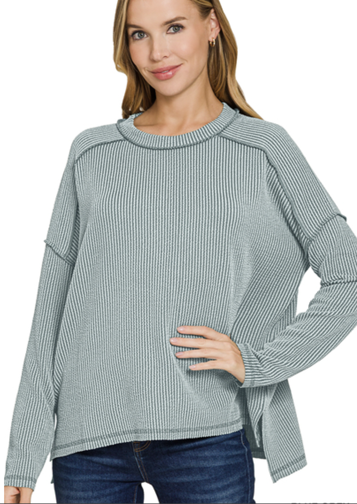 Raised rib raw edge boat neck long sleeve top - ZENANA RTL-8452A5